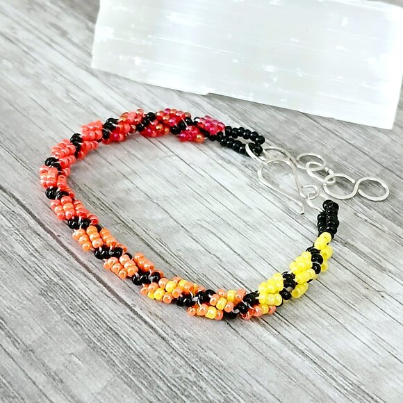 Adjustable Gradient Beaded Bracelet, Seed Bead Jewelry, Red Orange Yellow Black - Picture 11 of 12